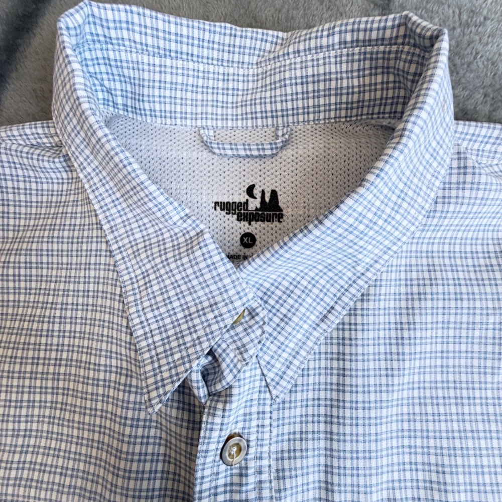 Rugged Exposure Mens XL Blue‎ White Plaid Long Sleeve Roll Tab Fishing Shirt
